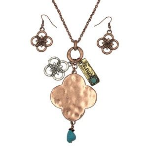 Blessed Copper Quatrefoil Necklace Earrings Set